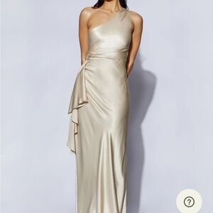 Meshki One-Shoulder Satin Gown in Champagne Gold